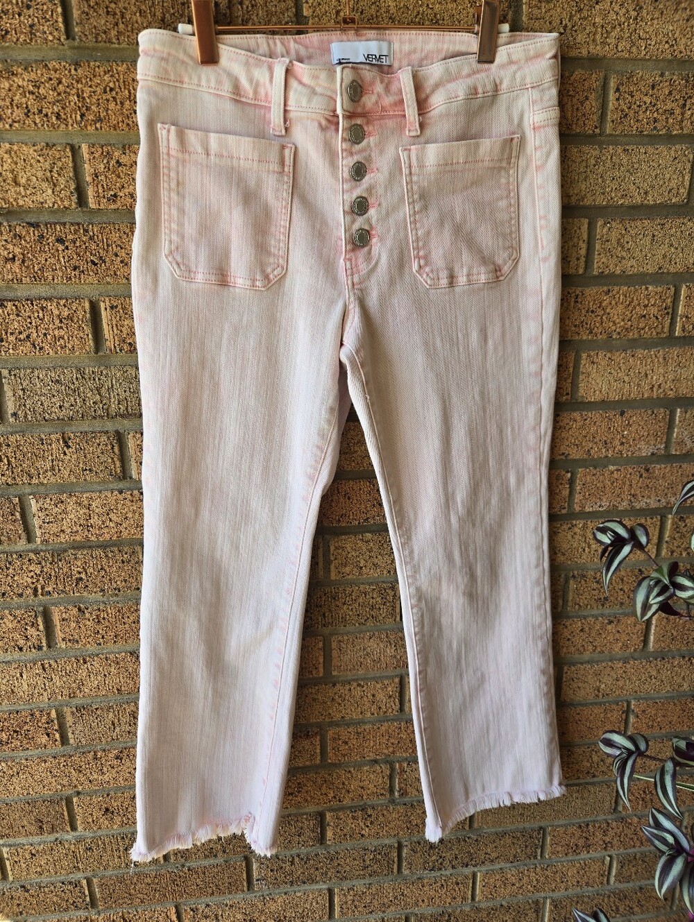 🌸 VERVET High Rise Exposed Button Fly Pastel Pink Cropped Jeans — Size 30
